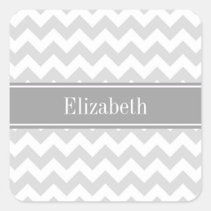 Lt Grey Wht Chevron Grey Name Monogram Square Sticker