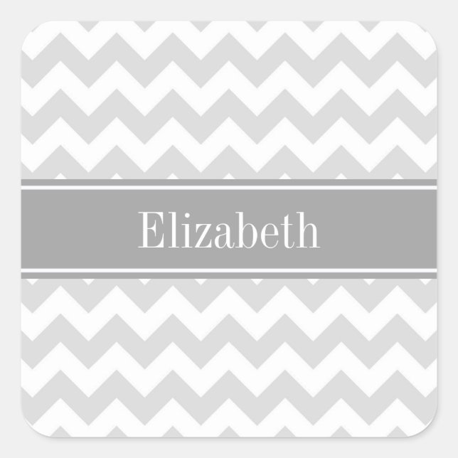 Lt Grey Wht Chevron Grey Name Monogram Square Sticker (Front)