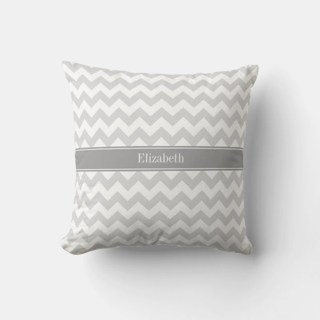 Lt Grey Wht Chevron Grey Name Monogram Throw Pillow (Front)