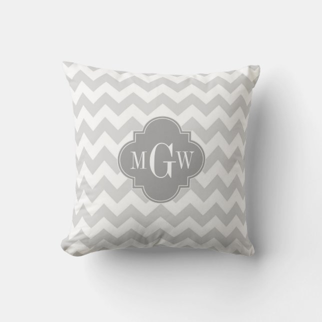 Lt Grey Wht Chevron Grey Quatrefoil 3 Monogram Throw Pillow (Front)