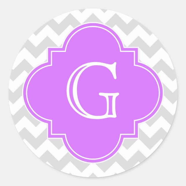 Lt Grey Wht Chevron Lilac Quatrefoil Monogram Classic Round Sticker (Front)