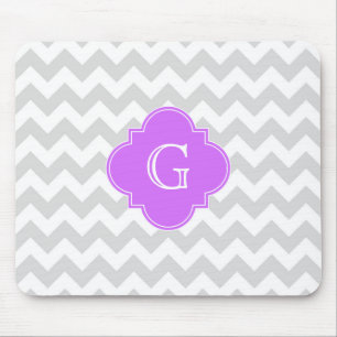 Lt Grey Wht Chevron Lilac Quatrefoil Monogram Mouse Pad