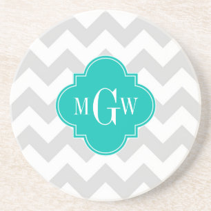 Lt Grey Wht Chevron Teal Quatrefoil 3 Monogram Coaster