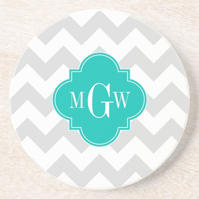 Lt Grey Wht Chevron Teal Quatrefoil 3 Monogram Coaster (Front)