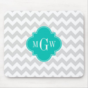 Lt Grey Wht Chevron Teal Quatrefoil 3 Monogram Mouse Pad