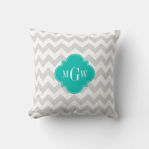 Lt Grey Wht Chevron Teal Quatrefoil 3 Monogram Throw Pillow