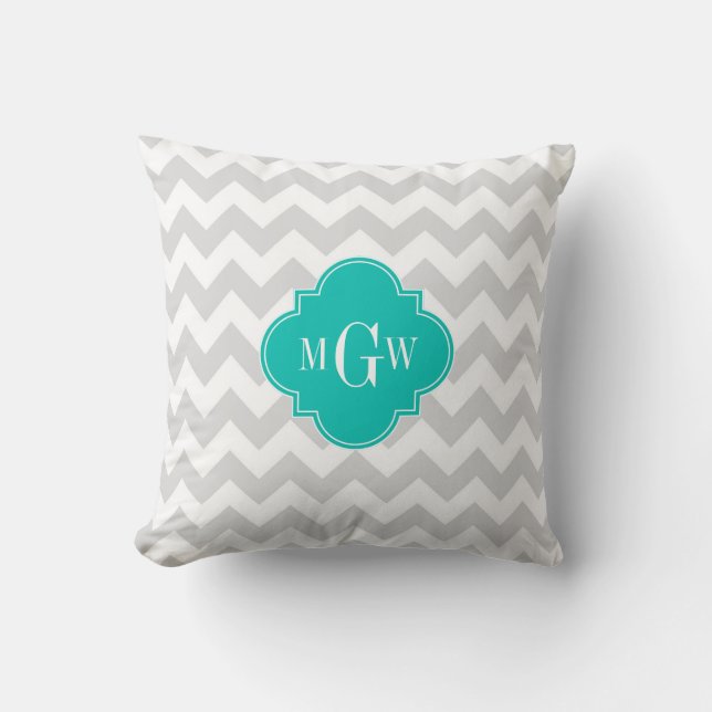 Lt Grey Wht Chevron Teal Quatrefoil 3 Monogram Throw Pillow (Front)