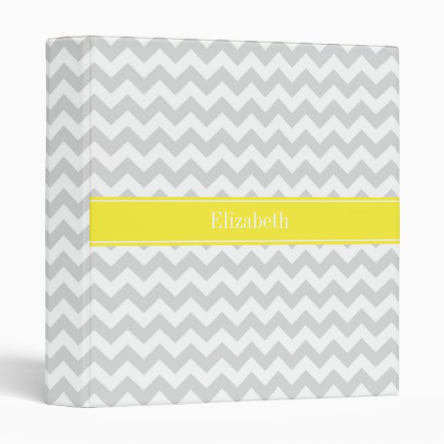 Lt Grey Wht Chevron Yellow Name Monogram Binder (Front/Spine)