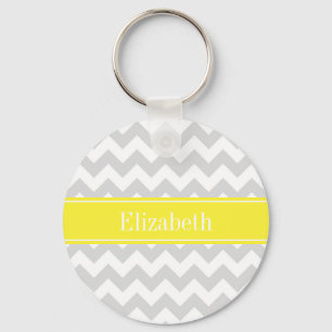 Lt Grey Wht Chevron Yellow Name Monogram Keychain