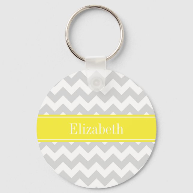 Lt Grey Wht Chevron Yellow Name Monogram Keychain (Front)