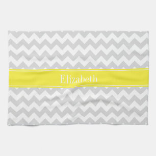 Lt Grey Wht Chevron Yellow Name Monogram Kitchen Towel