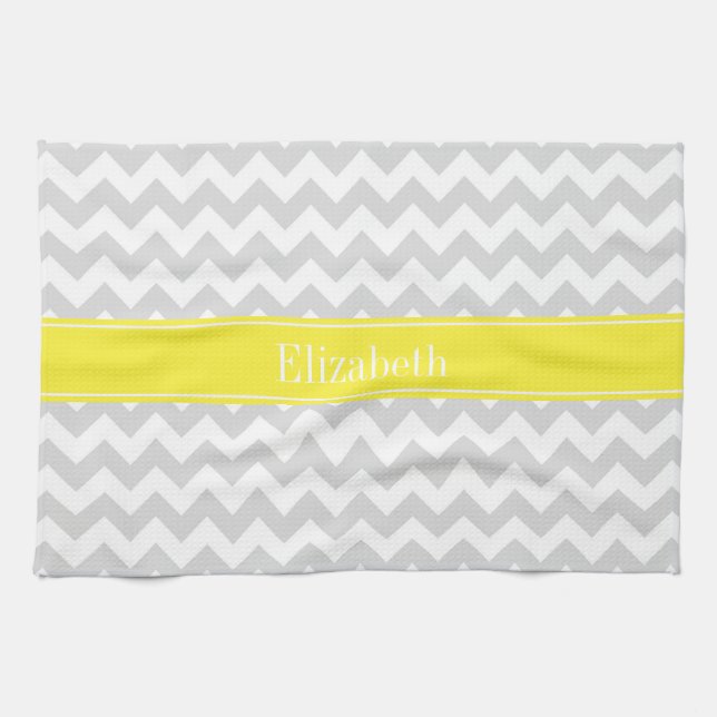 Lt Grey Wht Chevron Yellow Name Monogram Kitchen Towel (Horizontal)