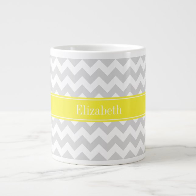 Lt Grey Wht Chevron Yellow Name Monogram Large Coffee Mug (Front)