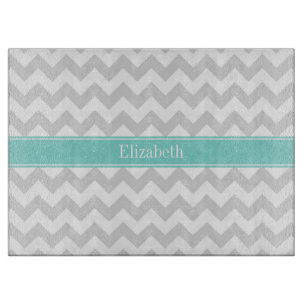 Lt Grey Wht Chevron ZigZag Aqua Name Monogram Cutting Board