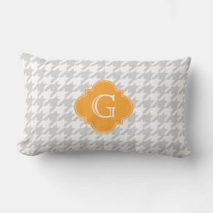 Lt Grey Wht Houndstooth Cantaloupe Monogram Label Lumbar Pillow