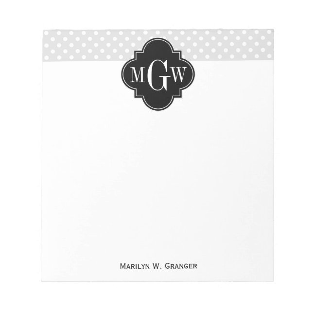 Lt Grey Wht Polka Dots Black Quatrefoil 3 Monogram Notepad (Front)