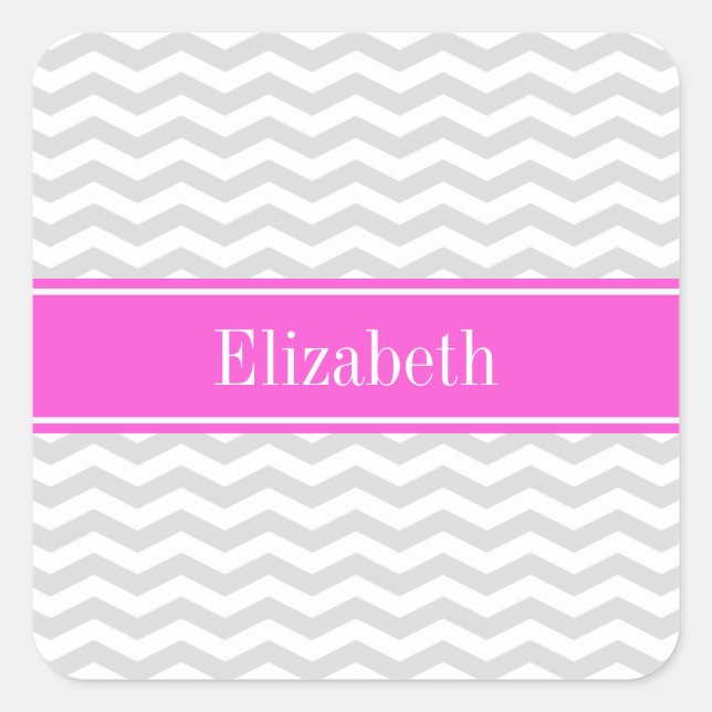 Lt Grey Wht Thin Chevron Hot Pink Name Monogram Square Sticker (Front)