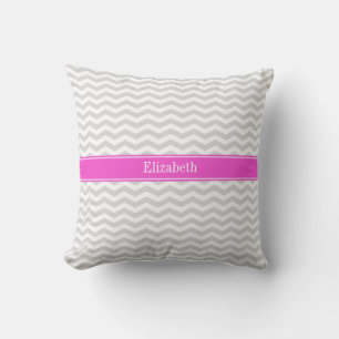 Lt Grey Wht Thin Chevron Hot Pink Name Monogram Throw Pillow