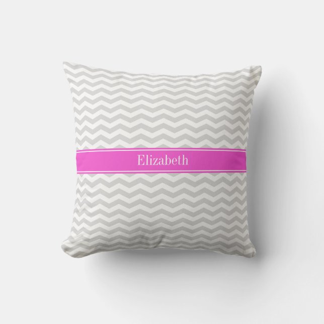 Lt Grey Wht Thin Chevron Hot Pink Name Monogram Throw Pillow (Front)