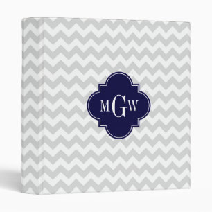 Lt Grey Wt Chevron Navy Blue Quatrefoil 3 Monogram Binder