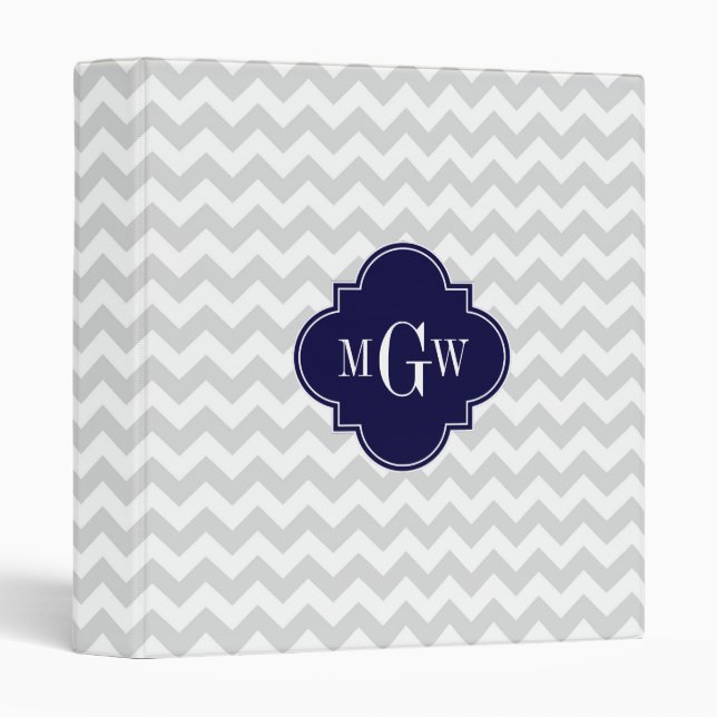 Lt Grey Wt Chevron Navy Blue Quatrefoil 3 Monogram Binder (Front/Spine)