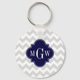 Lt Grey Wt Chevron Navy Blue Quatrefoil 3 Monogram Keychain