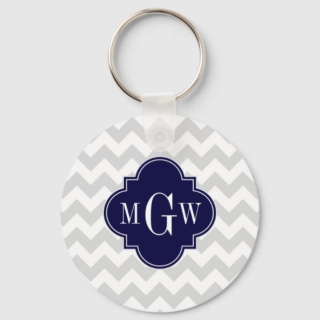 Lt Grey Wt Chevron Navy Blue Quatrefoil 3 Monogram Keychain (Front)