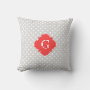 Lt Grey Wt Polka Dot Coral Red Quatrefoil Monogram Throw Pillow