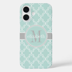 Lt Teal Grey White Moroccan Quatrefoil Monogram iPhone 16 Case