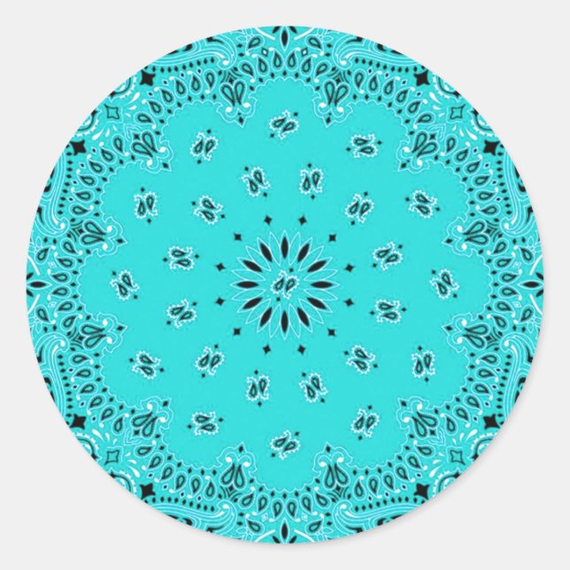 Lt Turquoise Paisley Western Bandana Scarf Print Classic Round Sticker (Front)