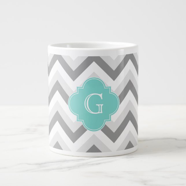 Lt Two Grey White Chevron Aqua Monogram Large Coffee Mug (Front)