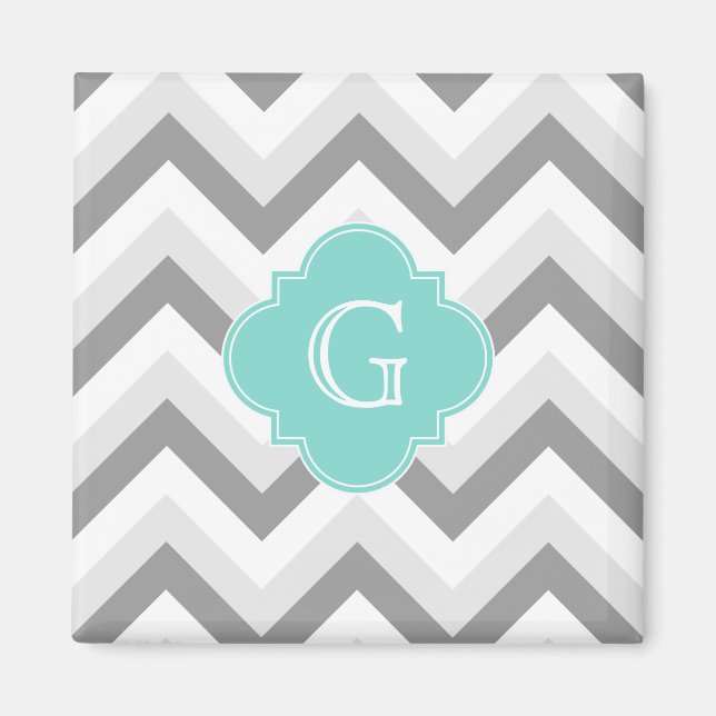 Lt Two Grey White Chevron Aqua Monogram Magnet (Front)