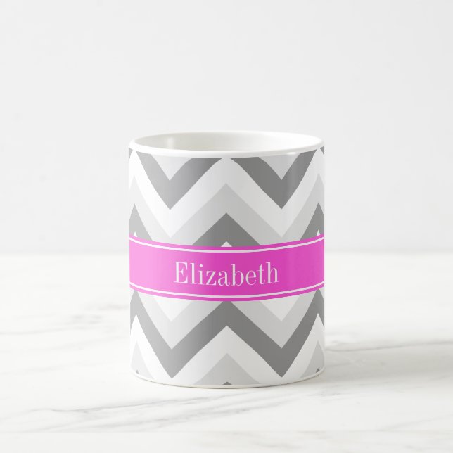 Lt Two Grey White Chevron Hot Pink Name Monogram Coffee Mug (Center)