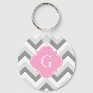 Lt Two Grey White Chevron Pink Quatrefoil Monogram Keychain