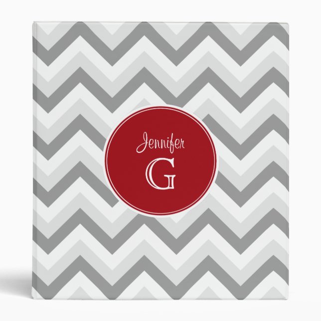 Lt Two Grey Wt Chevron Rnd Cranberry Name Monogram Binder (Front)