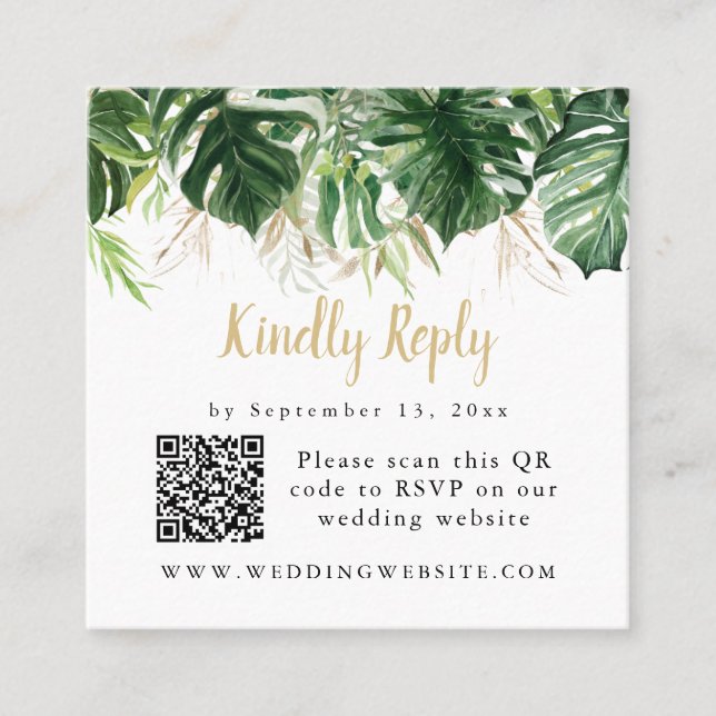 LUANA Tropical Greenery Beach Wedding QR Code  Squ Square Business Card (Front)