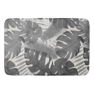 Luana Watercolor Tropical Grey Leaves Bath Mat