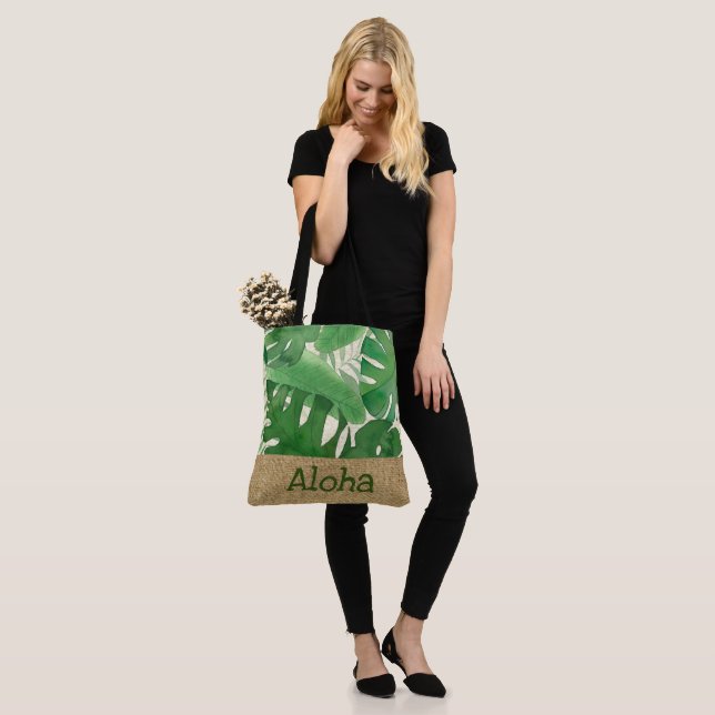 Luana Watercolor Tropical Leaves Aloha Beach Bag (On Model)