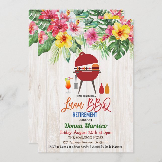 Luau Aloha BBQ Tropical Retirement Invitation (Front/Back)