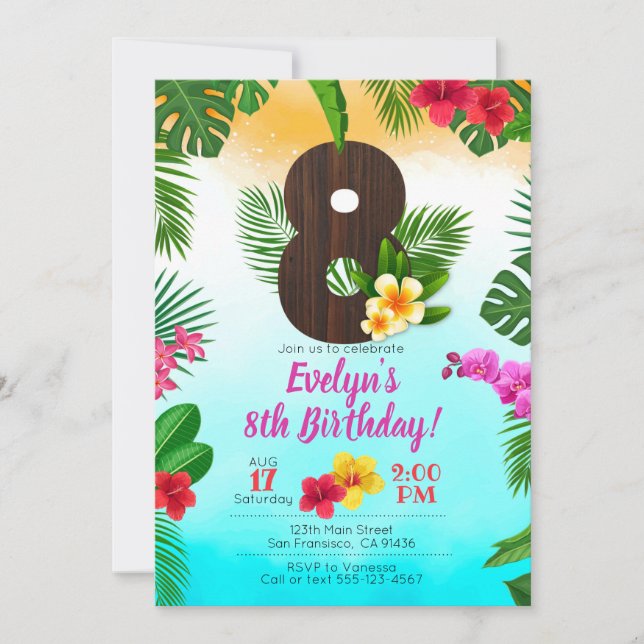Luau Anniversaire, Invitation Luau Jour 8 Annivers (Devant)