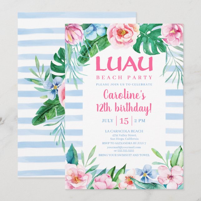 Luau Beach Party Tropical Floral Hawaiian Birthday Invitation (Front/Back)
