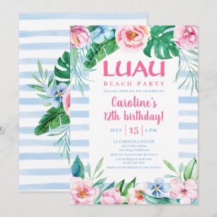 Luau Beach Party Tropical Floral Hawaiian Birthday Invitation