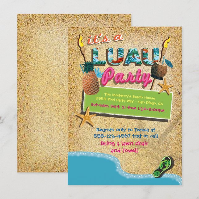 Luau Beach Tiki Tropical Party Invitations (Front/Back)