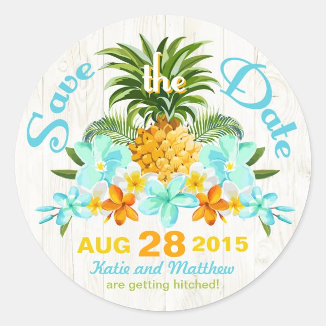 Luau Beach Tropical Floral Save the Date Label (Front)