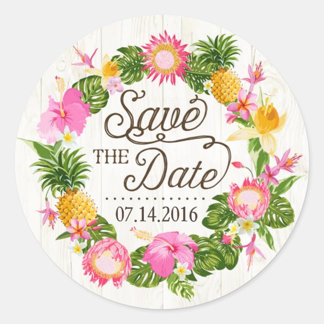 Luau Beach Tropical Floral Save the Date Label (Front)