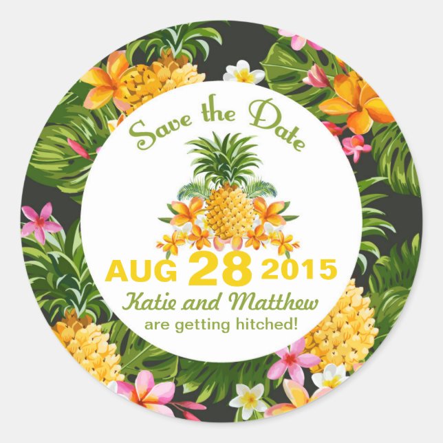 Luau Beach Tropical Floral Save the Date Label (Front)