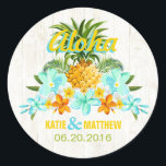 Luau Beach Tropical Floral Wedding Label<br><div class="desc">Luau beach and tropical floral and pineapple with rustic white wood background wedding label design.</div>