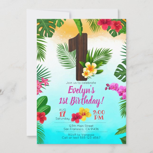 Luau Birthday, Invitation Luau Party 1st Birthday (Front)
