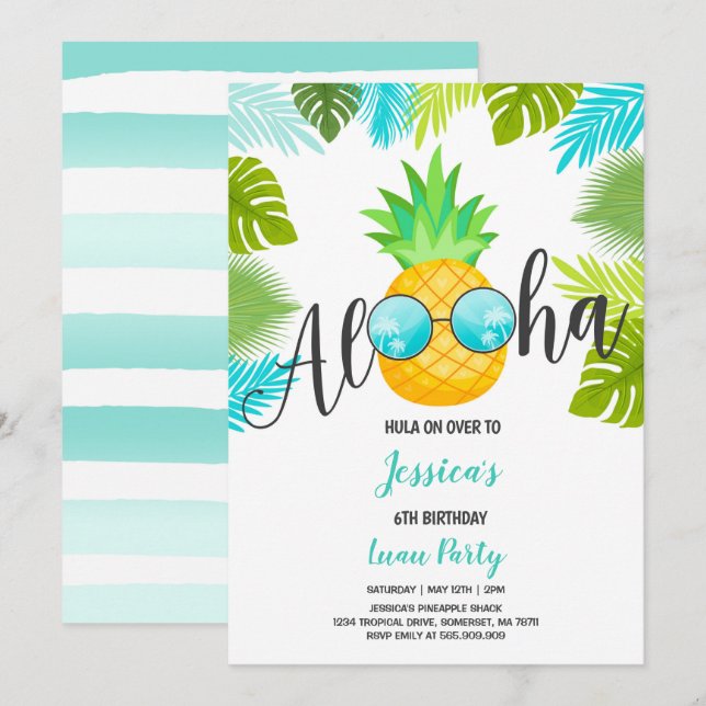Luau Birthday Invitation Pineapple Hawaiian Luau (Front/Back)