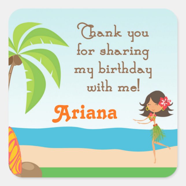Luau Birthday Party Favour Thank You Sticker (Front)